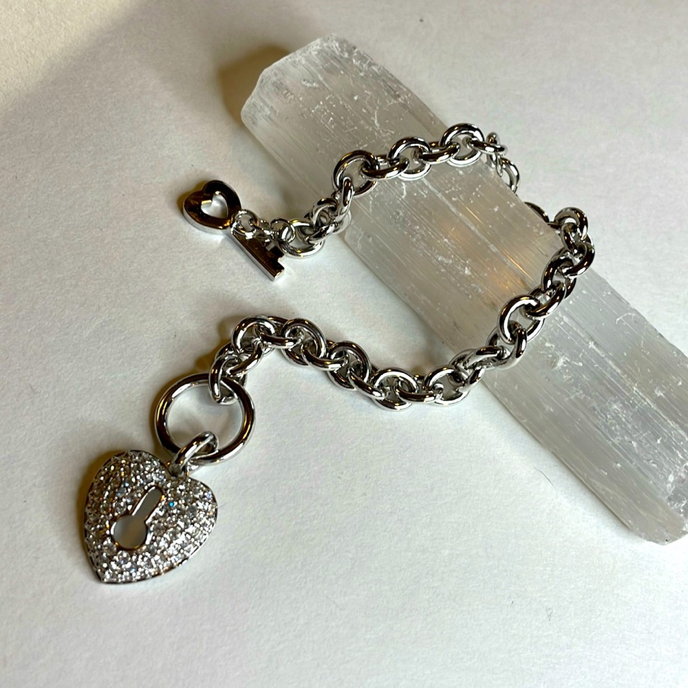 Silver Rhinestone Heart Lock and Key Toggle Bracelet